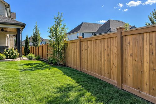Fence replacement in Taylors, SC with a new cedar privacy fence stepped down a sloping back yard
