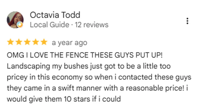 Google review screenshot from Octavia Todd rating Anderson Fence Company five stars
