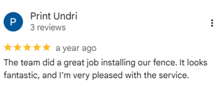 Google review screenshot from Print Undri rating Anderson Fence Company five stars