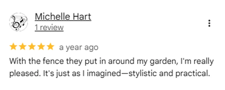 Google review screenshot from Michelle Hart rating Anderson Fence Company five stars